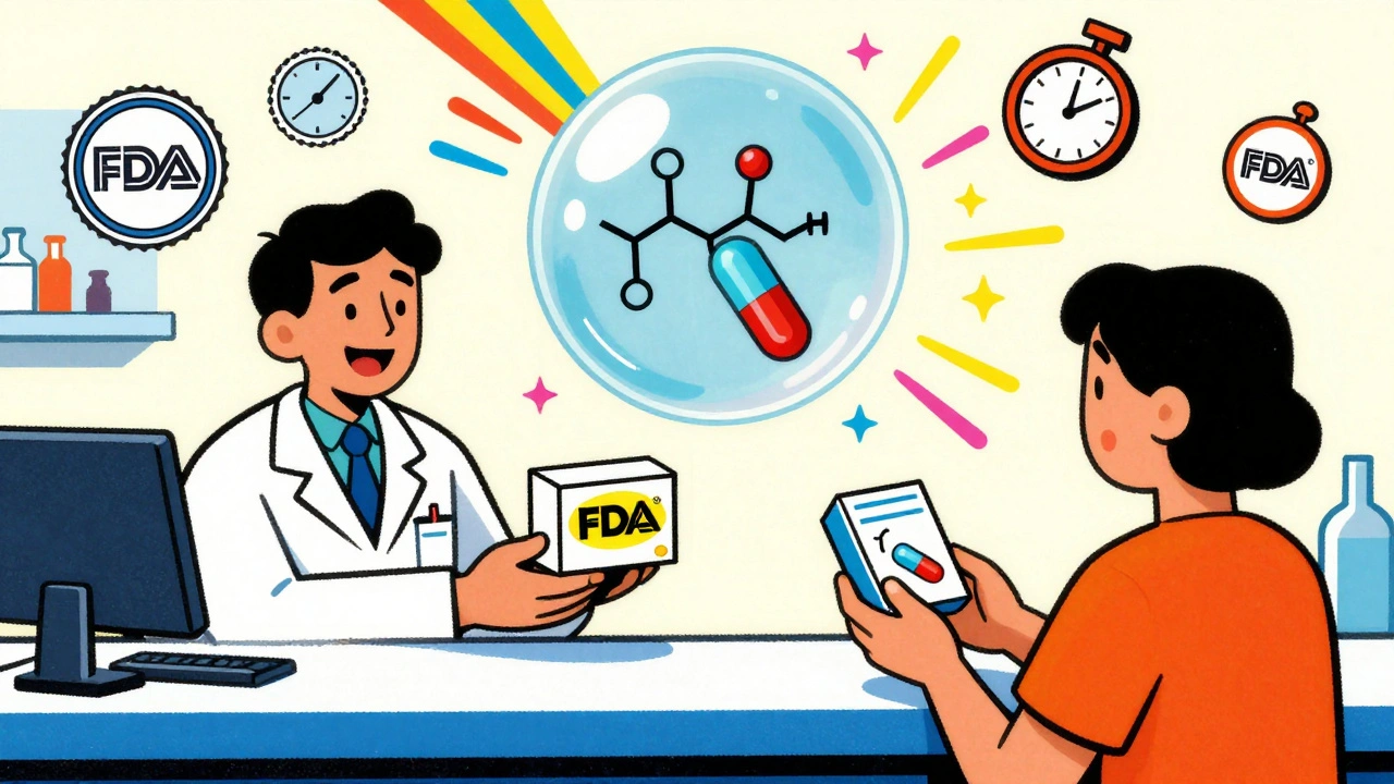 A pharmacist handing two identical pills in different packaging under rainbow light.