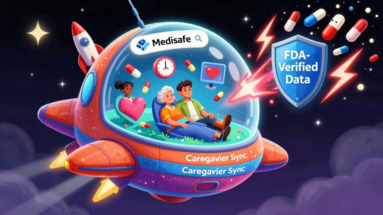 A psychedelic Medisafe spaceship deflecting dangerous drug interactions with a shield labeled FDA-Verified Data, users floating peacefully inside.