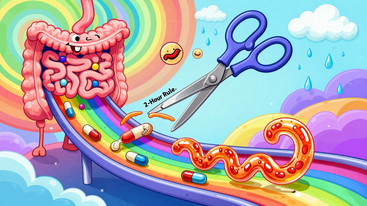 A rainbow digestive tract with pills and fiber on separate lanes, cut by scissors labeled &#039;2-Hour Rule&#039;.