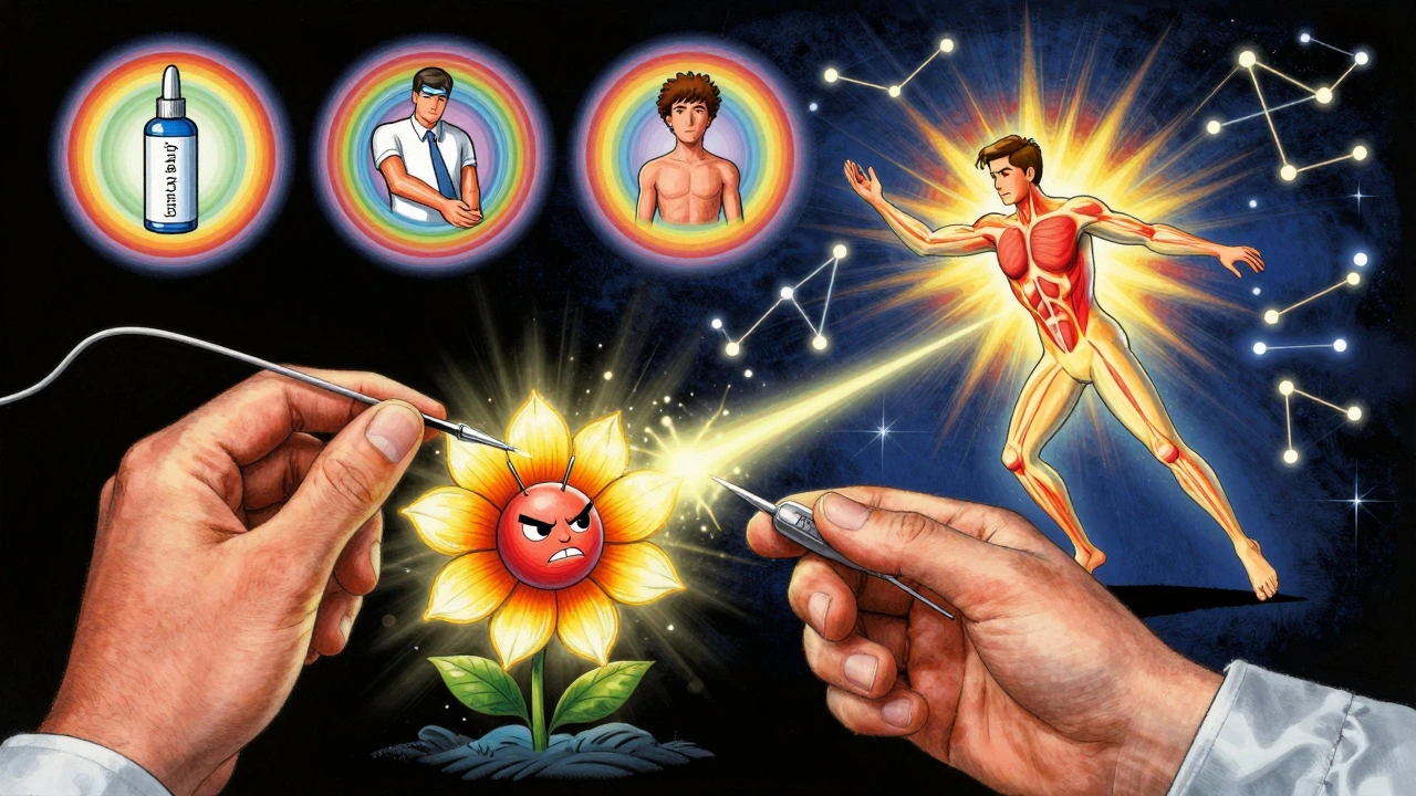 A therapist&#039;s needle turning a muscle knot into a flower, surrounded by icons of therapies in rainbow swirls.