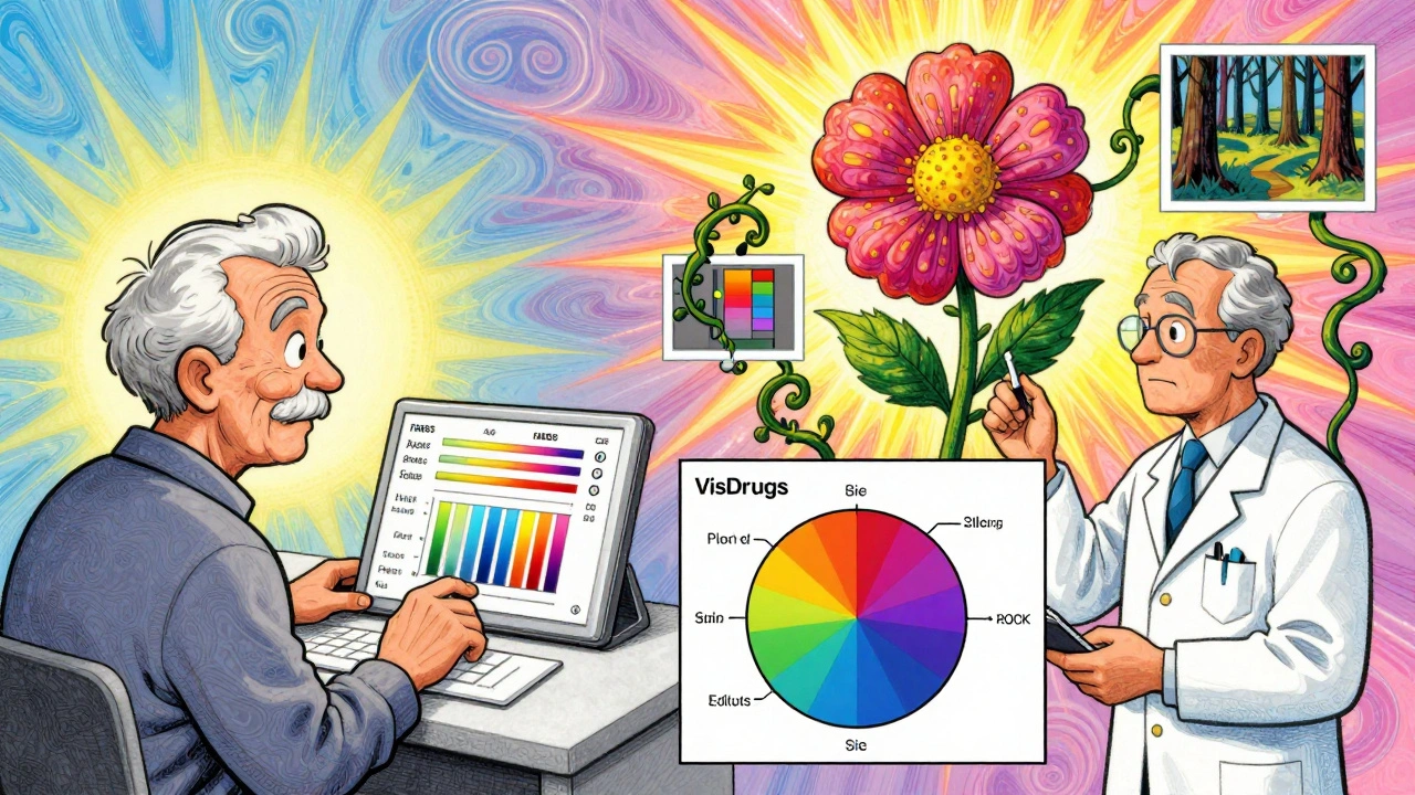 An elderly person and scientist using rainbow filters and visual charts to compare drug side effects.