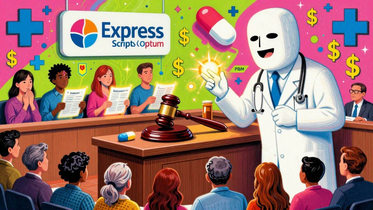 Doctor arguing against a giant insurance logo in a surreal courtroom with glowing patient charts
