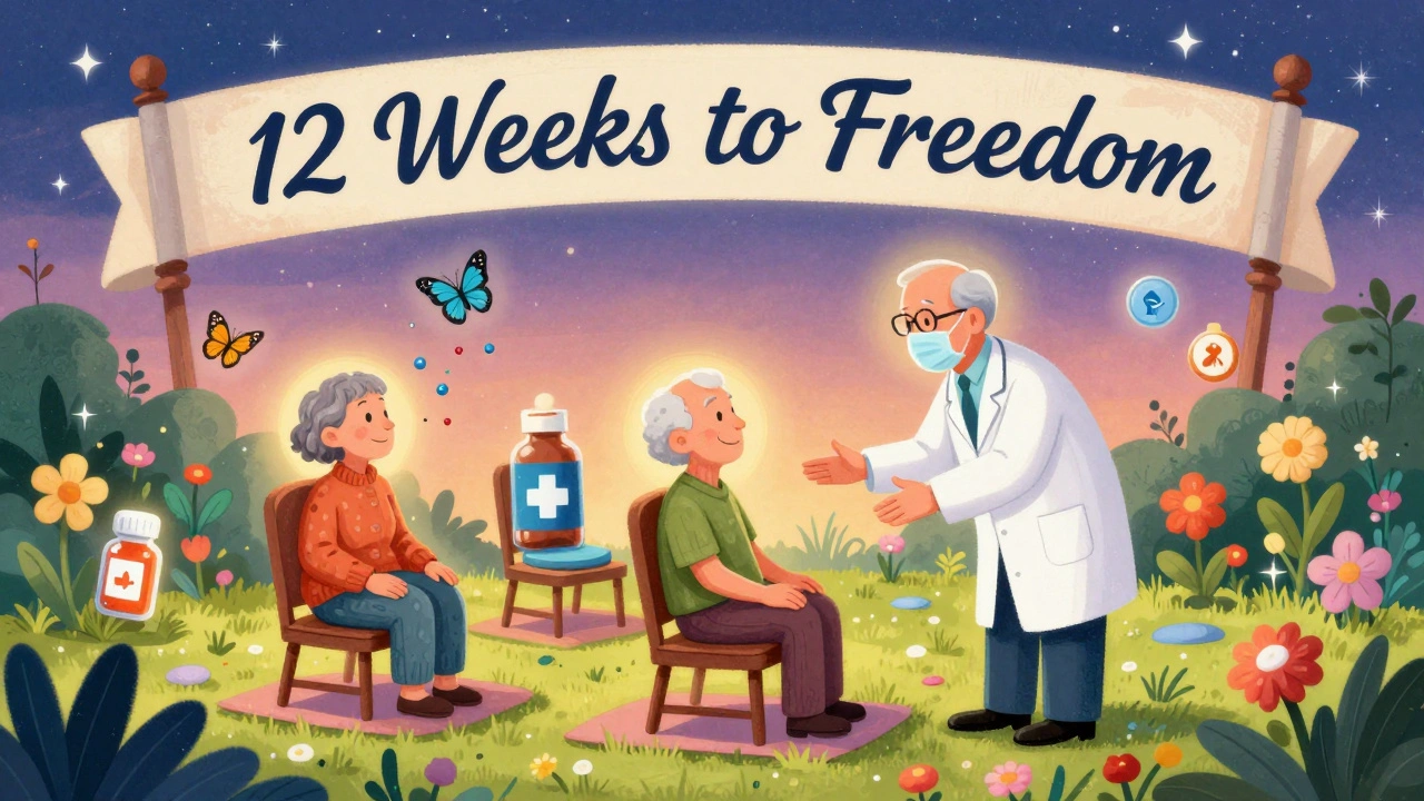 Doctor guiding veterans and chronic pain patients in chair yoga as pills turn to butterflies in a zen clinic garden.