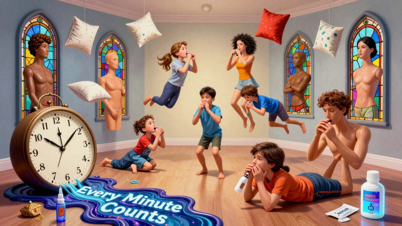 Family practicing rescue breathing on floating mannequins, with skin tone guides and glowing naloxone kits in dreamy space.