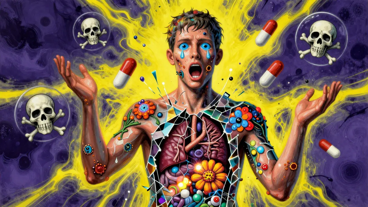 Figure with peeling skin revealing organs, surrounded by toxic pills and hospital imagery.
