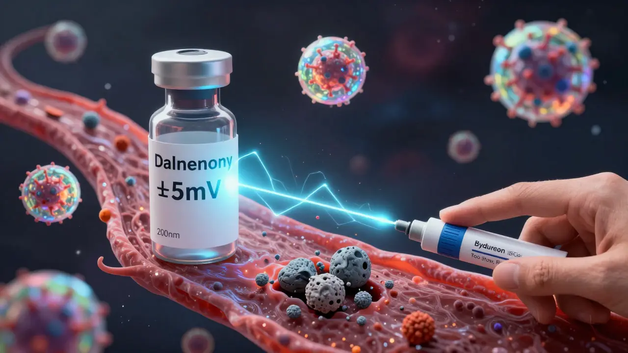 Iridescent nanoparticles in bloodstream, one failing as clumps while another succeeds