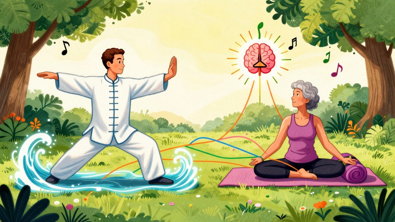 Man doing tai chi and woman doing restorative yoga with glowing neural pathways connecting to a peaceful brain icon.