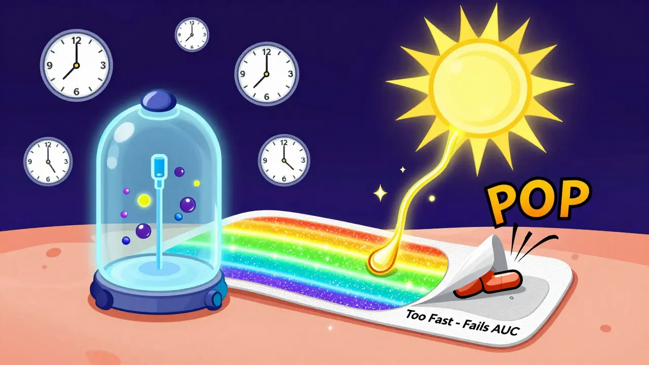 Neon patch releasing steady drug stream through skin with clock faces showing time