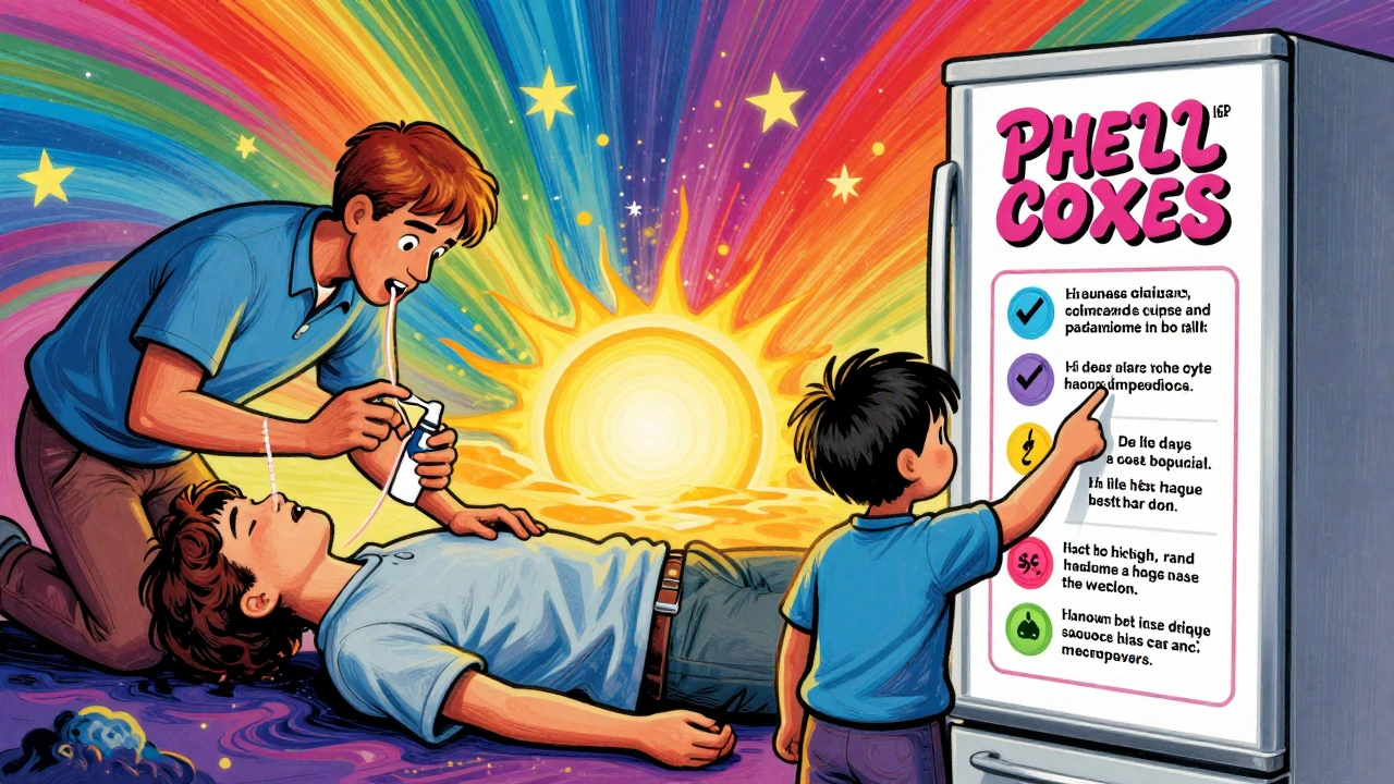 Parent giving naloxone to teen while child points to fridge card listing overdose signs, all in vibrant psychedelic style.