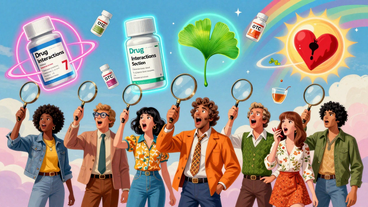 People using magnifying glasses over floating prescription labels, with herbal supplements and pills swirling like planets in a rainbow sky.