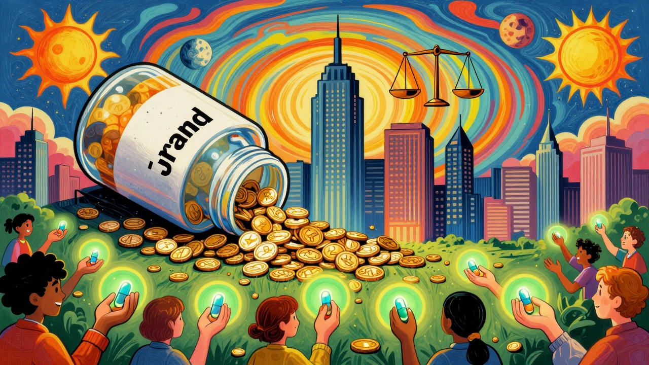 Pharmaceutical skyscrapers collapse as patients receive glowing generic pills in a vibrant city.