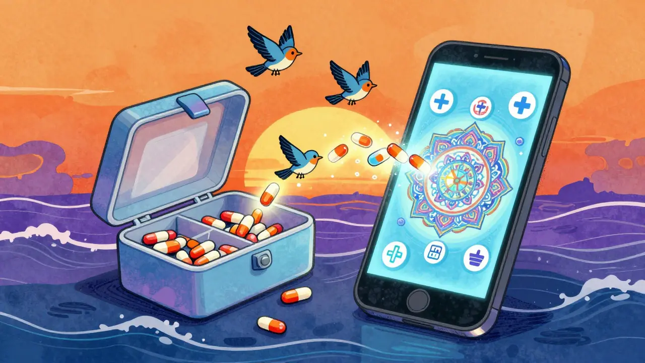 Pills turning into birds flying from a box into a phone, blending tech and tradition in swirling colors.