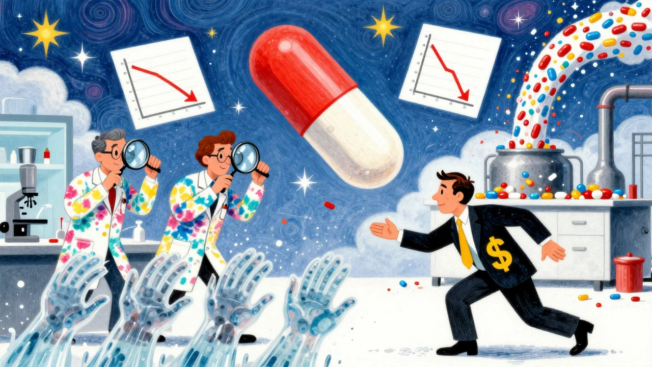 Scientists observe a floating generic pill while a PBM executive is pushed away by patient hands.