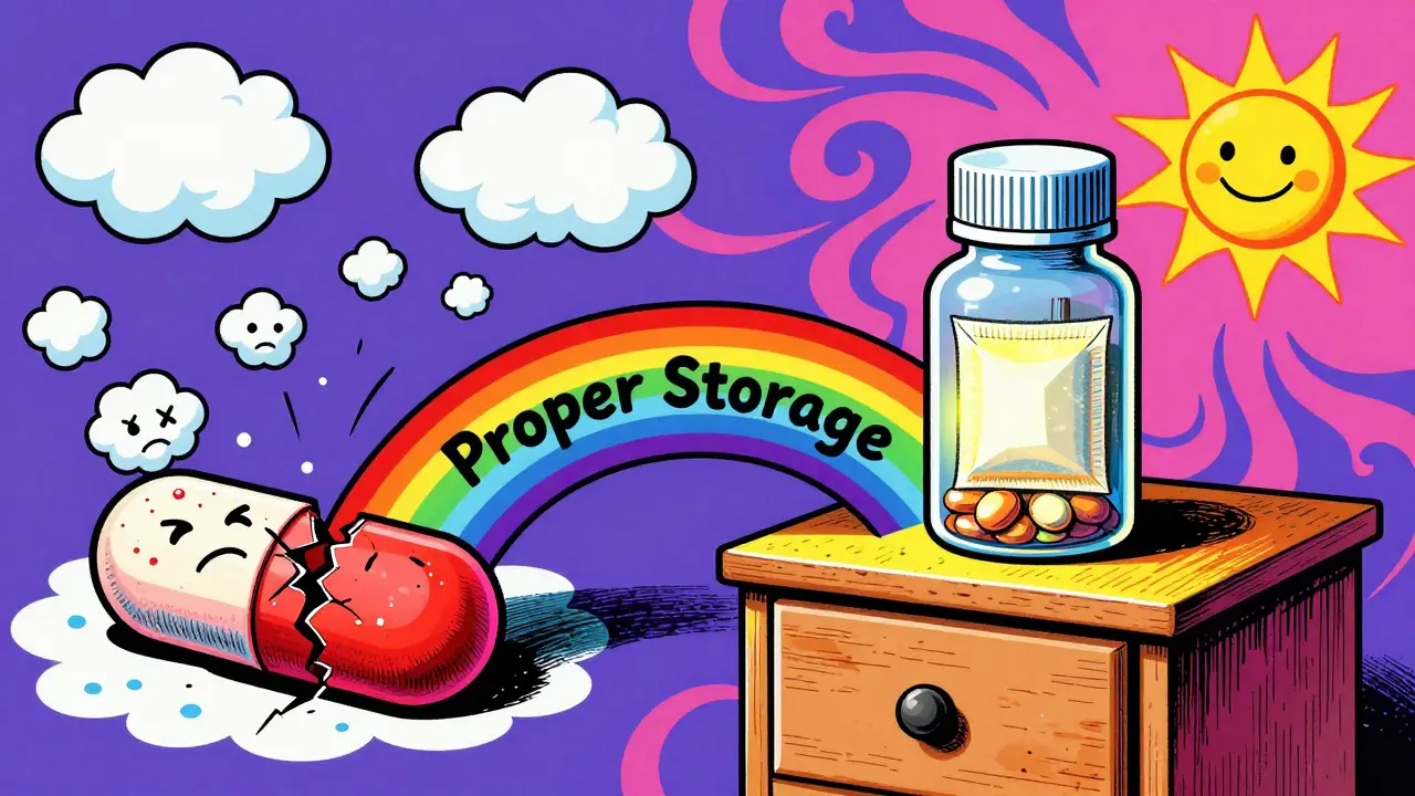 Split image: damaged pill with clouds vs. protected pill in bottle, connected by a rainbow labeled 'Proper Storage.'