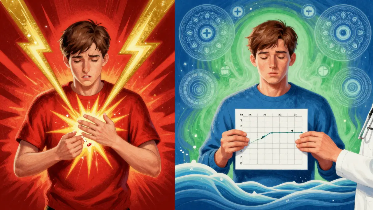Split scene: one side shows heart attack danger from stopping meds, other shows safe tapering with doctor’s support.