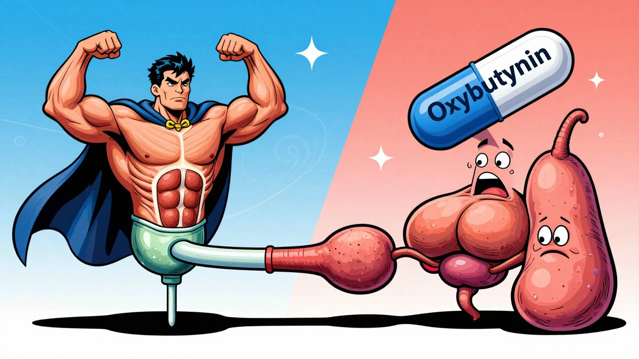 Split scene: strong bladder muscle vs. weak bladder under pill’s shadow, prostate blocking flow in vibrant cartoon style.