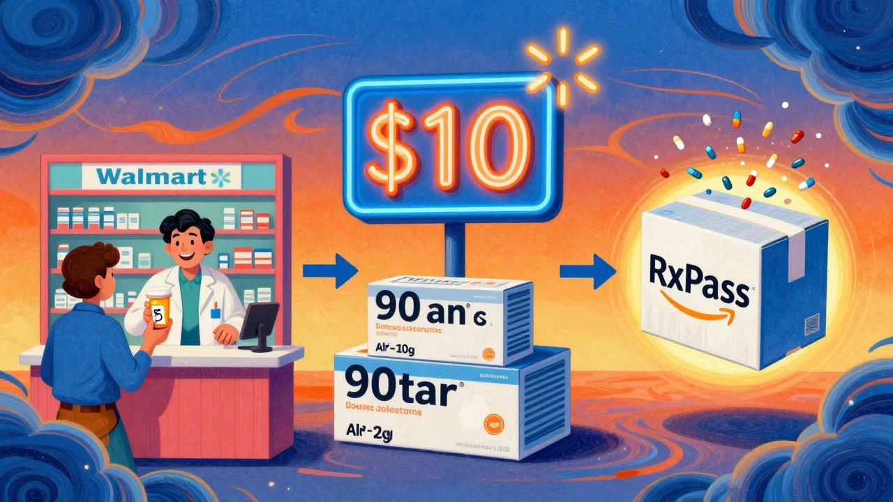Three drug pricing options: retail, Walmart , and Amazon RxPass, in psychedelic cartoon style