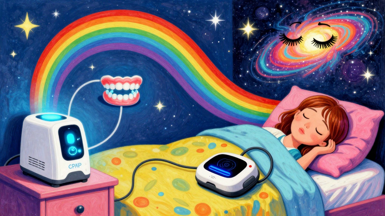 Three sleep apnea treatments shown together in a psychedelic bedroom with swirling rainbow air currents.