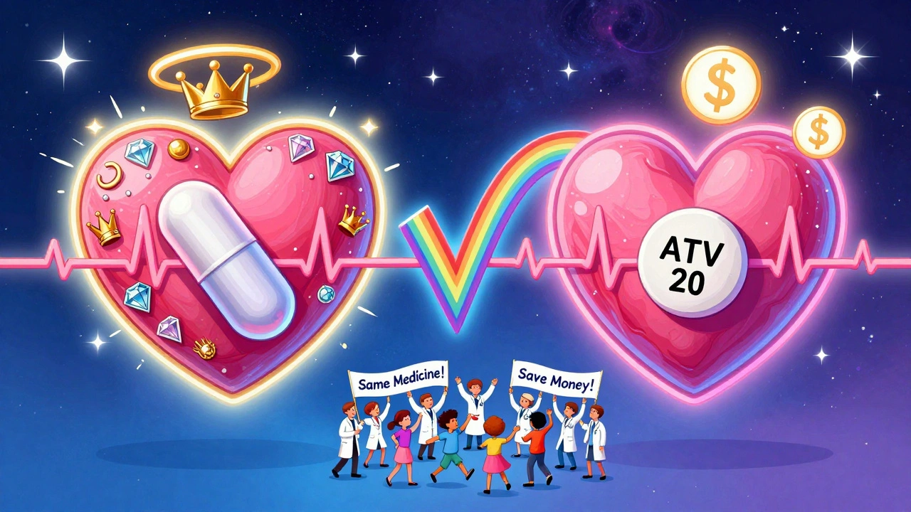 Two hearts inside different pills connected by a rainbow checkmark, symbolizing equal effectiveness.