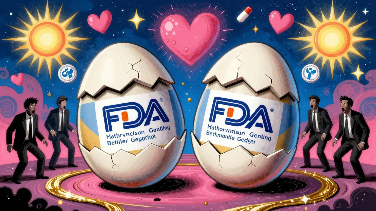 A brand-name drug cracking open to reveal its authorized generic twin, with competitors shrinking away.