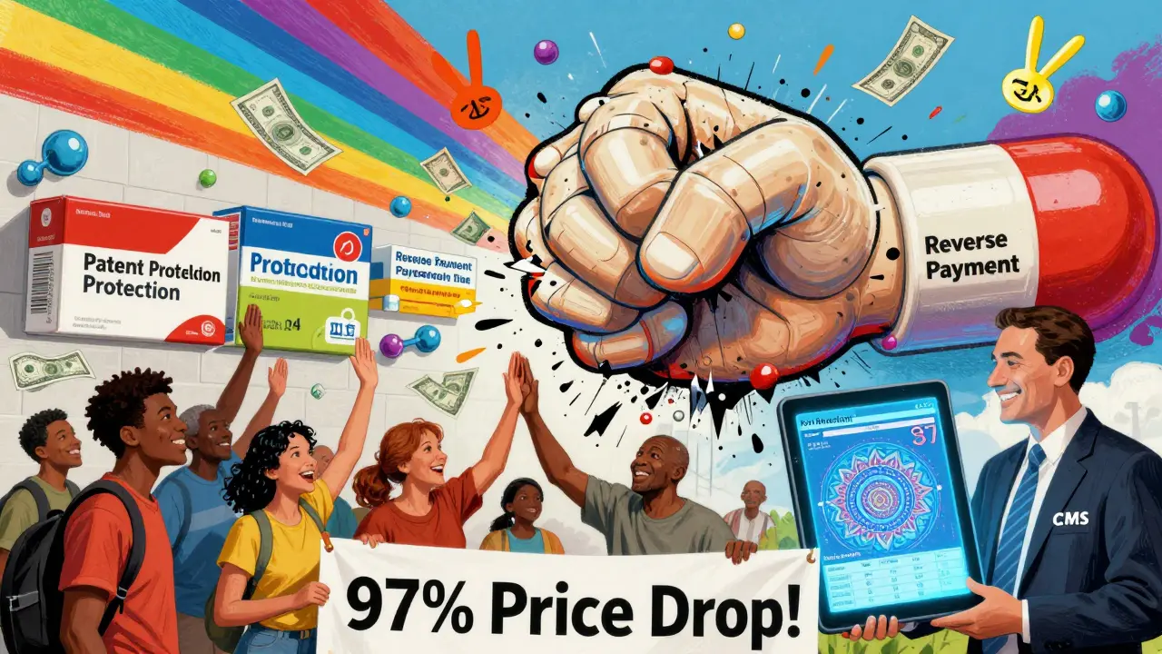 A fist of generic pills smashes brand-name drug boxes as patients celebrate price drops