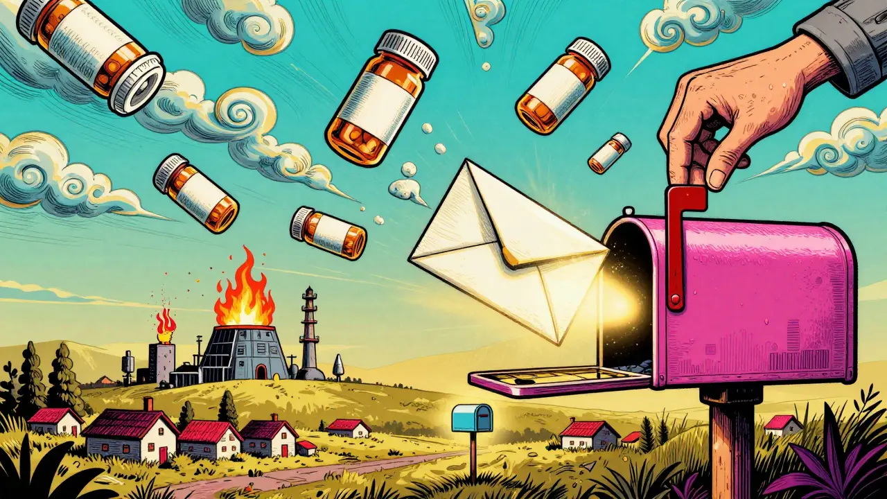 A floating mail-back envelope turning into a portal to safe medication destruction under rainbow skies.