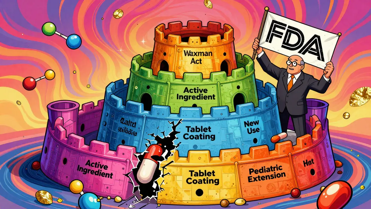 A fortress of layered patent shields protecting a drug, with a generic pill trying to climb through.