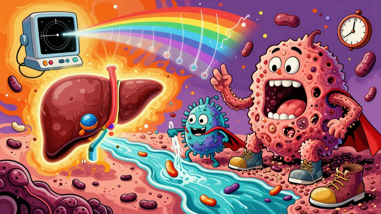 A glowing gut-liver connection with probiotic superhero cleaning toxins, while fibrosis crumbles under fiber and exercise.