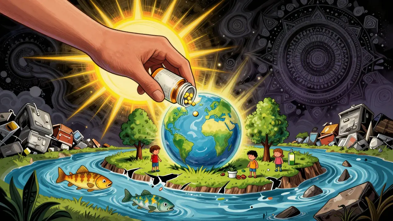A hand places pills into an earth-shaped orb, as clean rivers and children plant trees below.