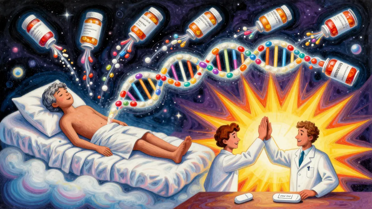 A patient on a cloud bed with pill bottles forming a glowing excipient helix, symbolizing relief.