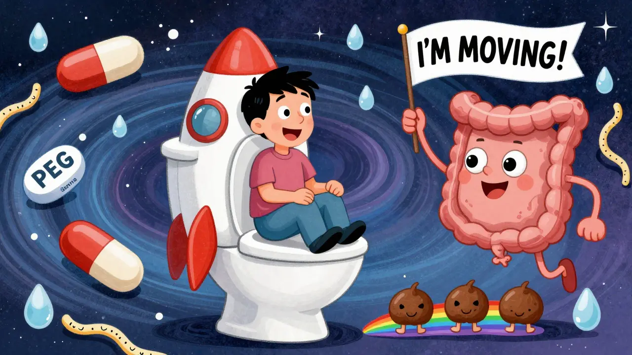 A patient on a rocket-shaped toilet with floating pills and a smiling colon surrounded by cosmic water droplets and fiber strands.
