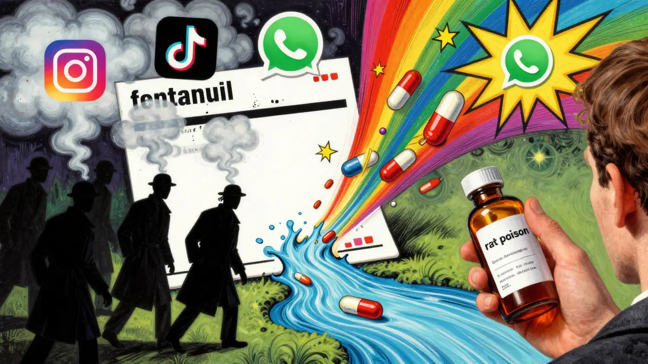 A person surrounded by shadowy figures and fake pharmacy icons, with dangerous pills in a rainbow river.