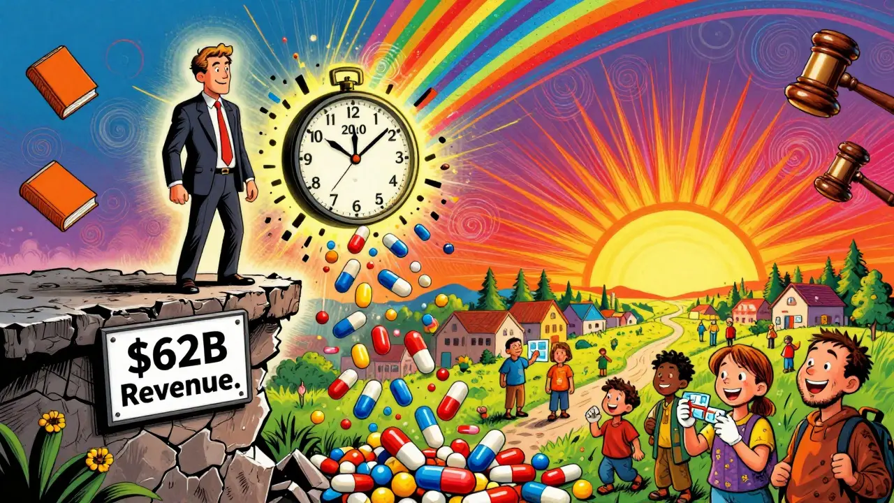 A pharmaceutical executive standing on a cliff as generic drugs fall below, with a shattered patent clock and sunrise behind.