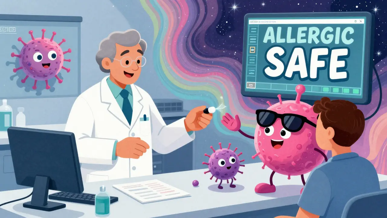 A pharmacist gives a pill to a patient while a friendly penicillin molecule high-fives a bacterium in a vibrant clinic scene.