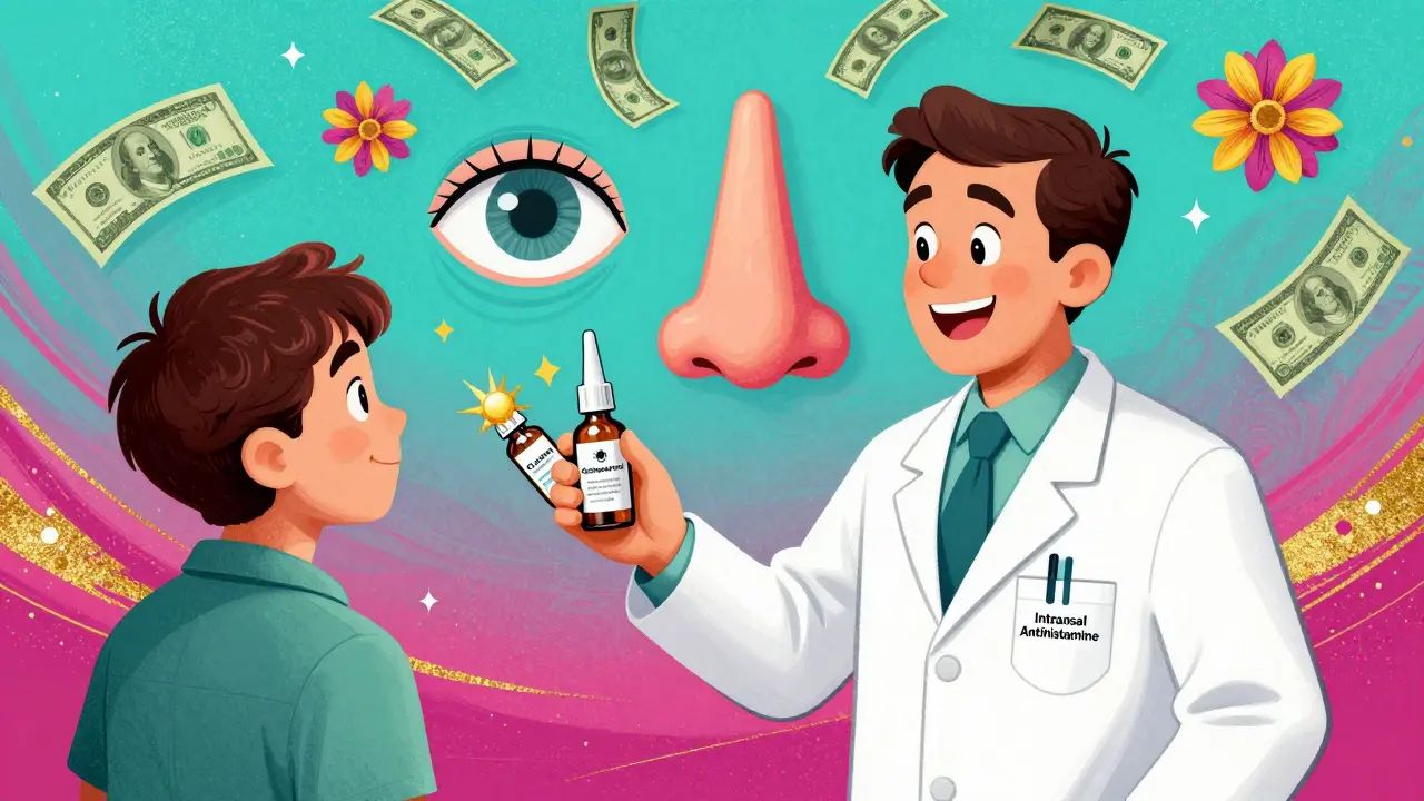 A pharmacist handing two nasal sprays with eye and nose symbols floating harmoniously.