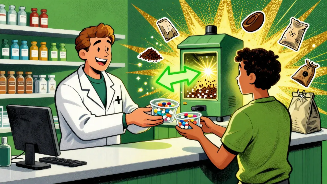 A pharmacist hands a take-back bin to a customer, with a glowing incinerator in the background.