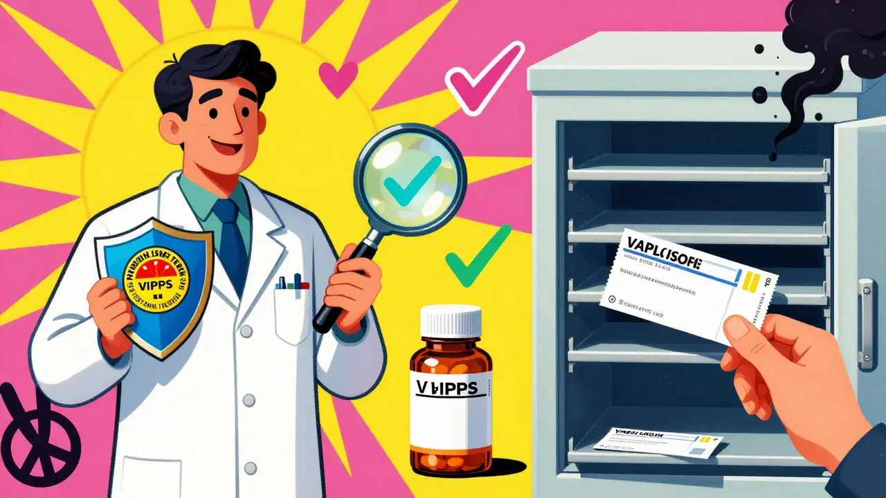 A pharmacist holding a verified seal, with a glowing hologram and safe medication symbols in vibrant colors.