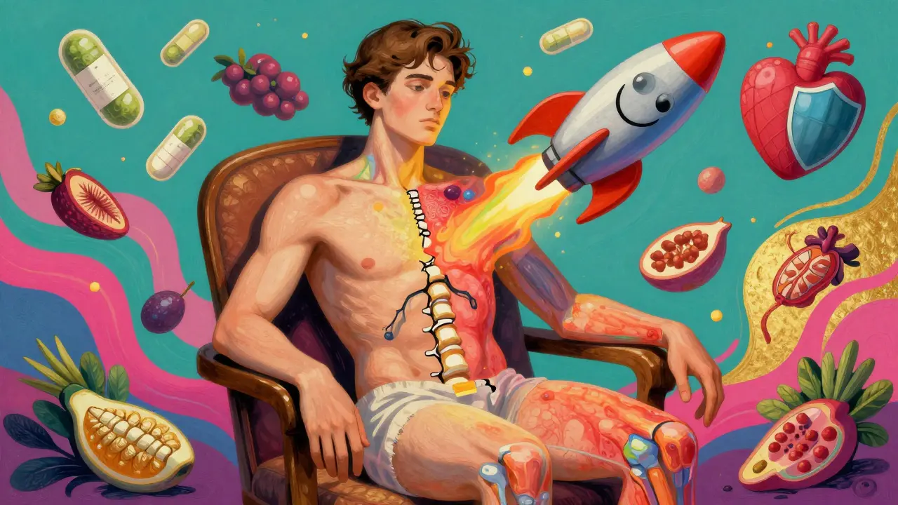 A split-body illustration showing healthy vs. inflamed psoriatic arthritis symptoms with a biologic drug molecule restoring balance.