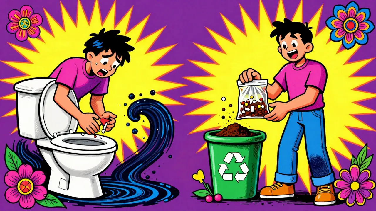A split scene: one side shows pills being flushed, the other shows safe disposal with coffee grounds, in vibrant psychedelic style.