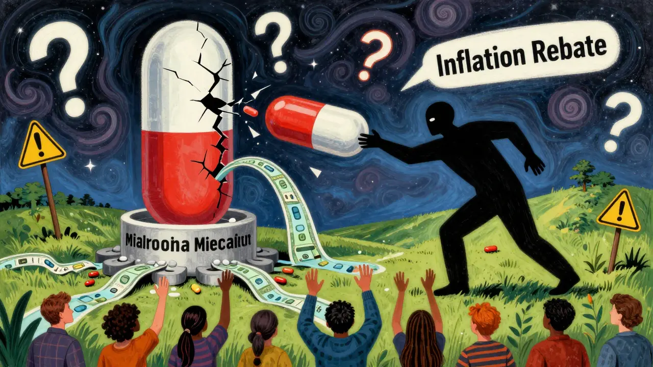 A towering generic pill structure under threat from a shadowy rebate figure.