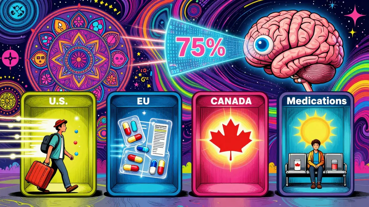 A traveler passing through four colorful portals representing global drug regulations, with an AI brain scanning pills above a cosmic background.
