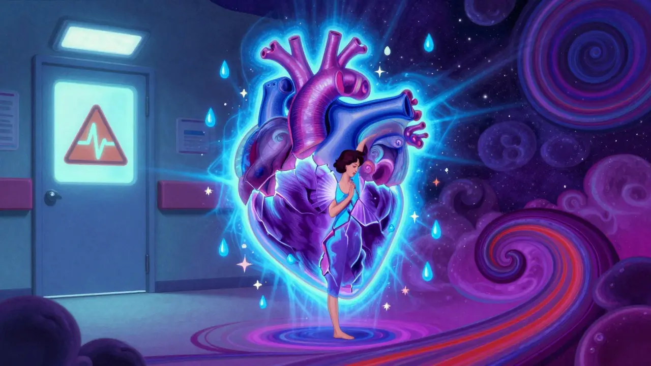 A woman in yoga pose with a glowing, fractured heart artery, surrounded by floating tear-shaped droplets and neon light.