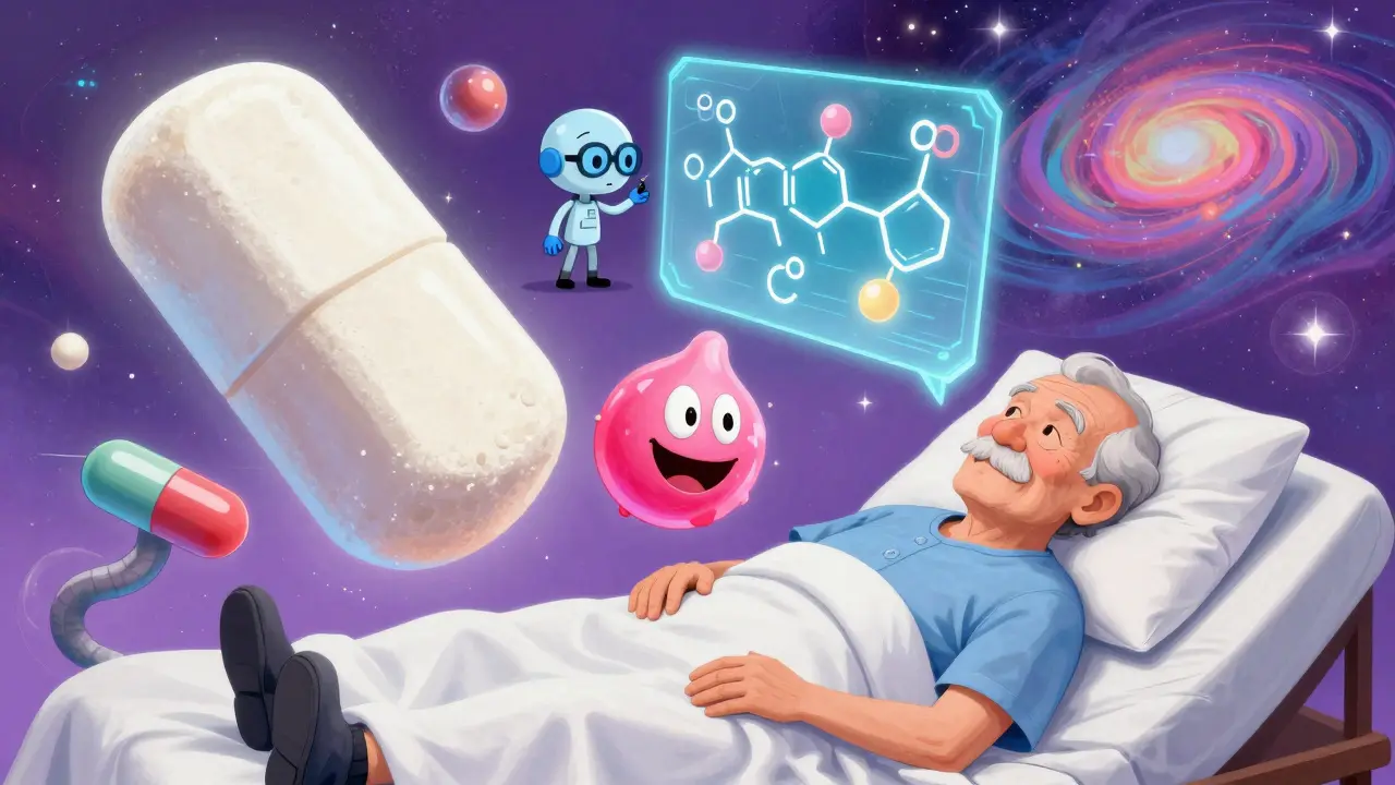 An elderly patient is surrounded by giant floating pills and chemical symbols, with an AI icon scanning warnings in a dreamlike psychedelic bedroom.
