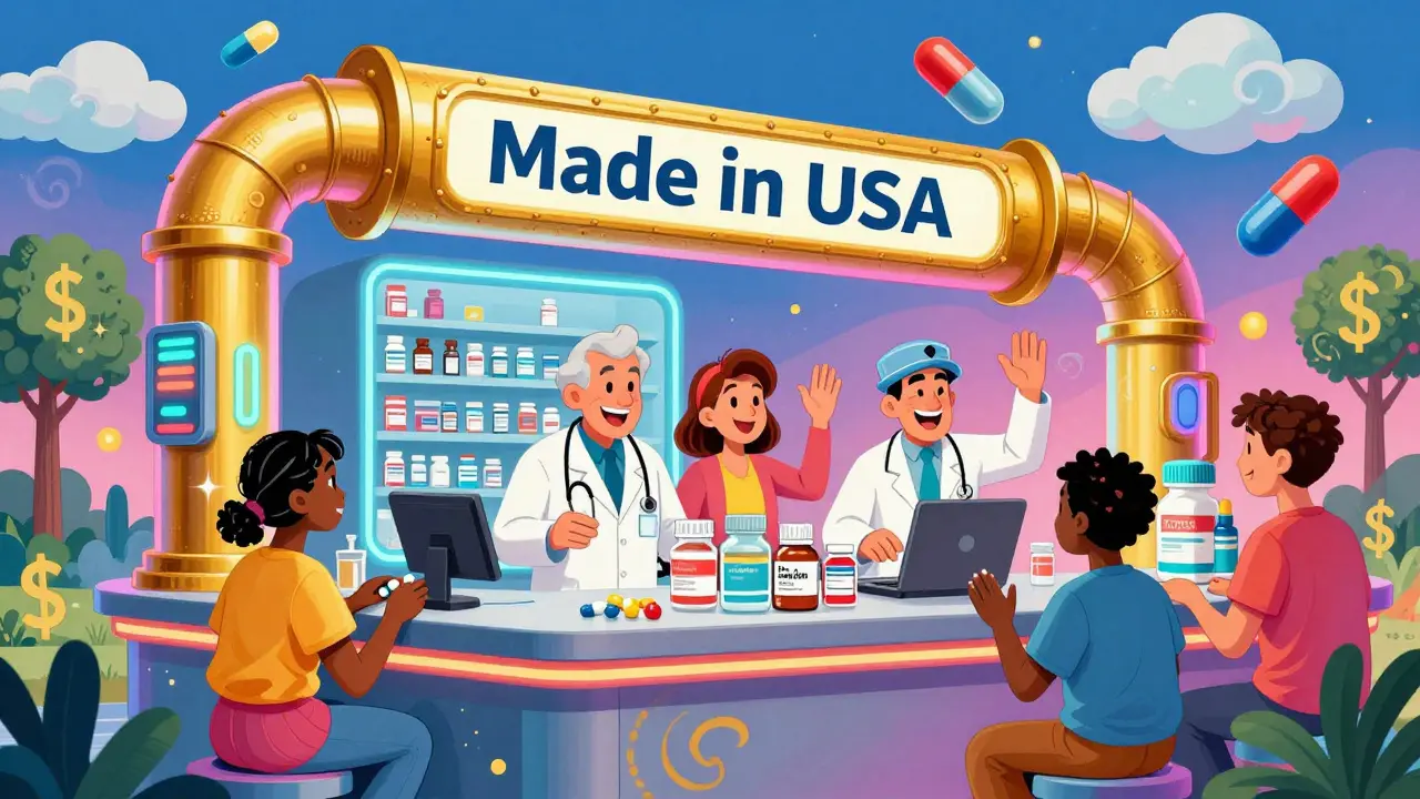 Authorized generics flowing into a neon pharmacy from a 'Made in USA' pipeline, with patients and biosimilars nearby.
