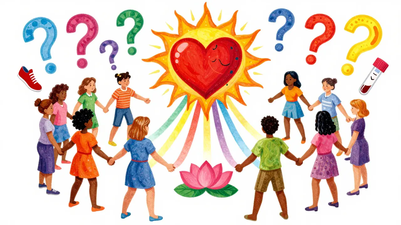 Diverse women holding hands, connected by energy beams to a blooming heart-shaped sun, in vibrant Peter Max illustration style.
