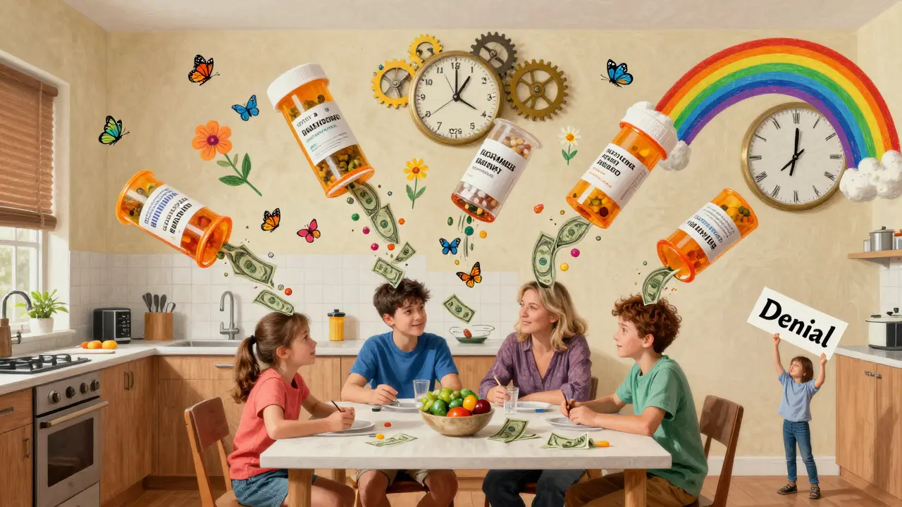 Family at table with prescription bottles pouring money into flowers, clock showing 2026 above.