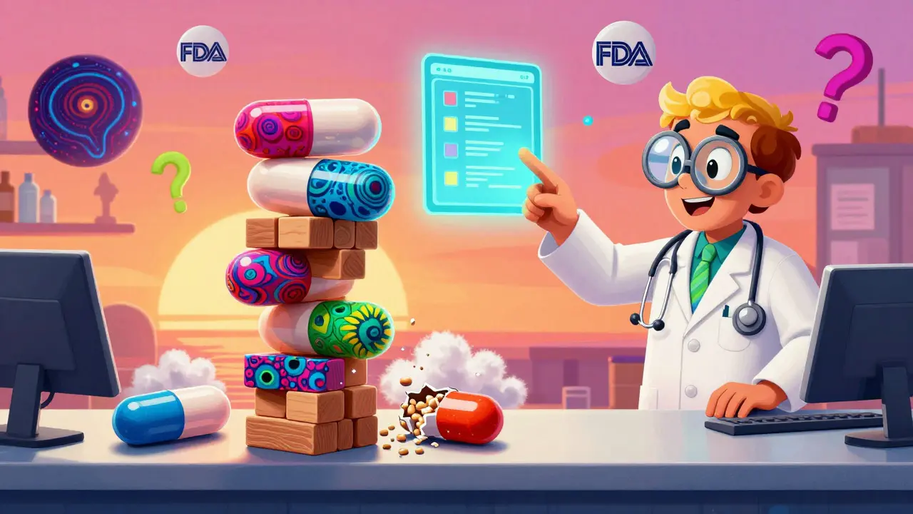 Five generic pills stack on a pharmacy counter, one cracking open to reveal hidden chemicals, as a rainbow-clad pharmacist points to a glowing database.