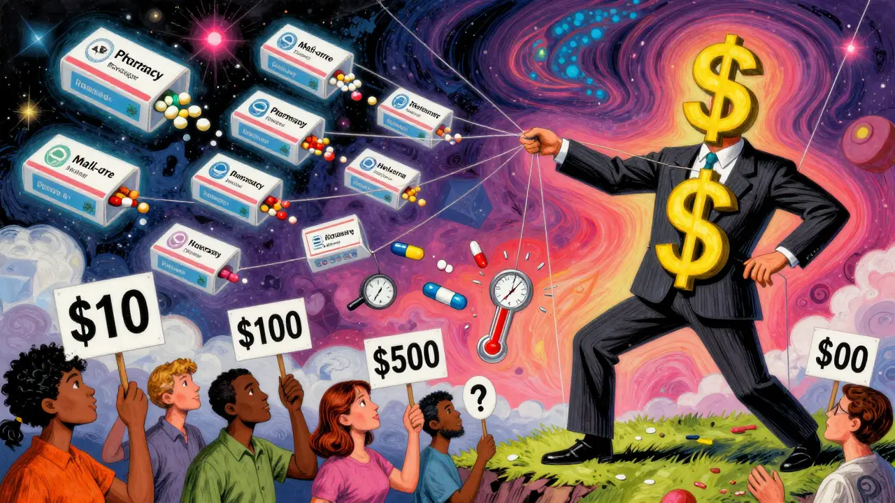 Giant PBM puppeteer controls mail-order pill boxes with dollar signs, price tags, and broken temperature gauges.