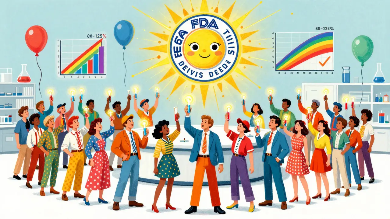 Healthy volunteers in a colorful lab with floating graphs and an FDA sun seal.