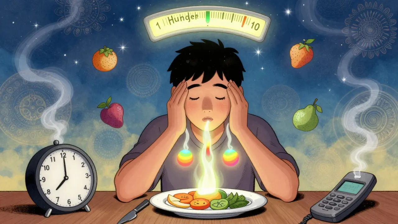 Morning mindfulness moment with glowing breath orbs, a forgotten phone, and a hunger scale above a peaceful breakfast.